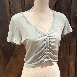 Wilfred Free distressed faded green ruched middle crop vneck short sleeve top